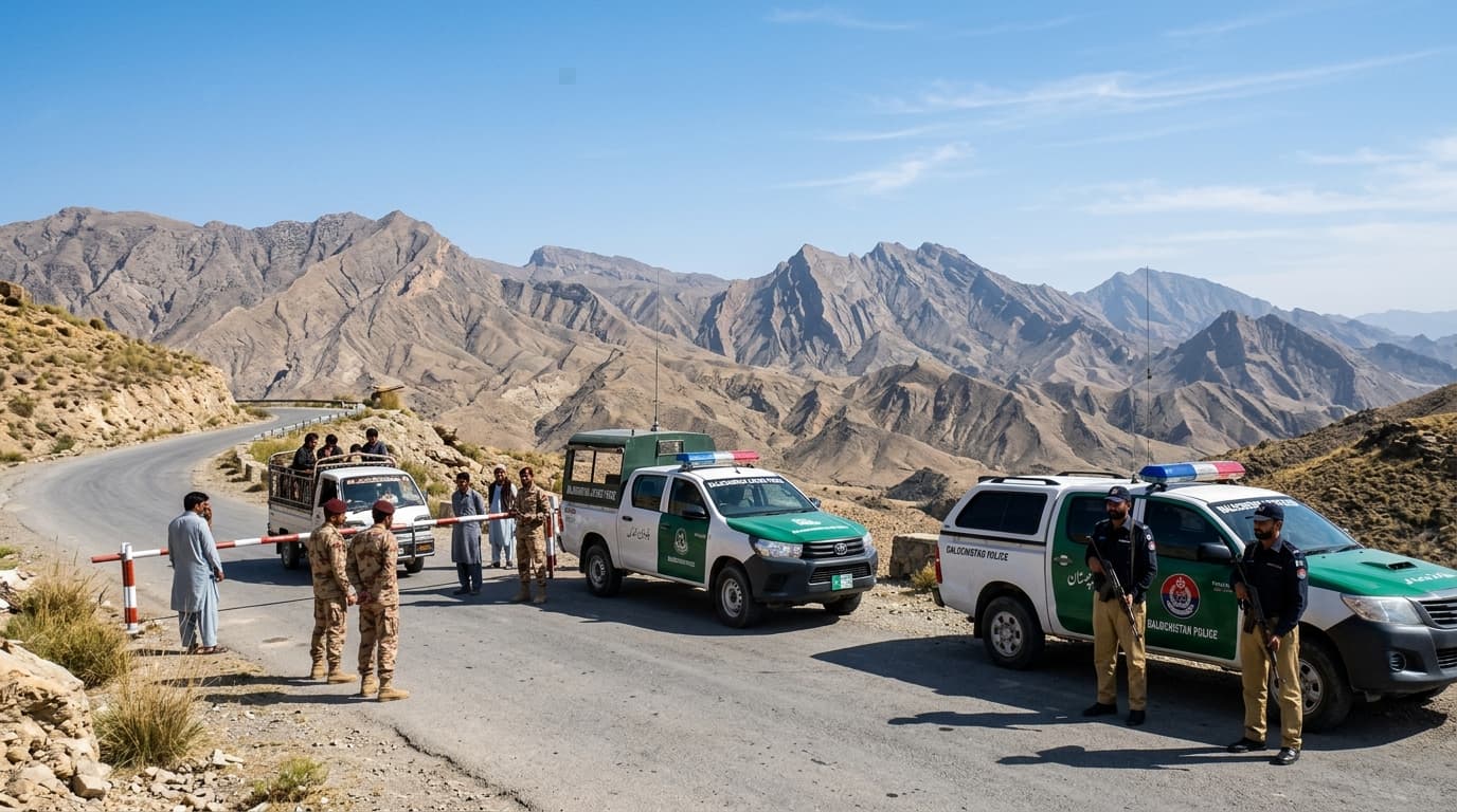 Police and Levies personnel at a mountain checkpoint